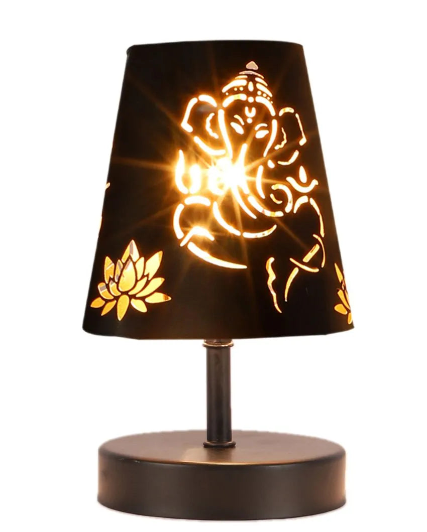 Ganesha Metal Etching Table Lamp With Black Wood Round Base