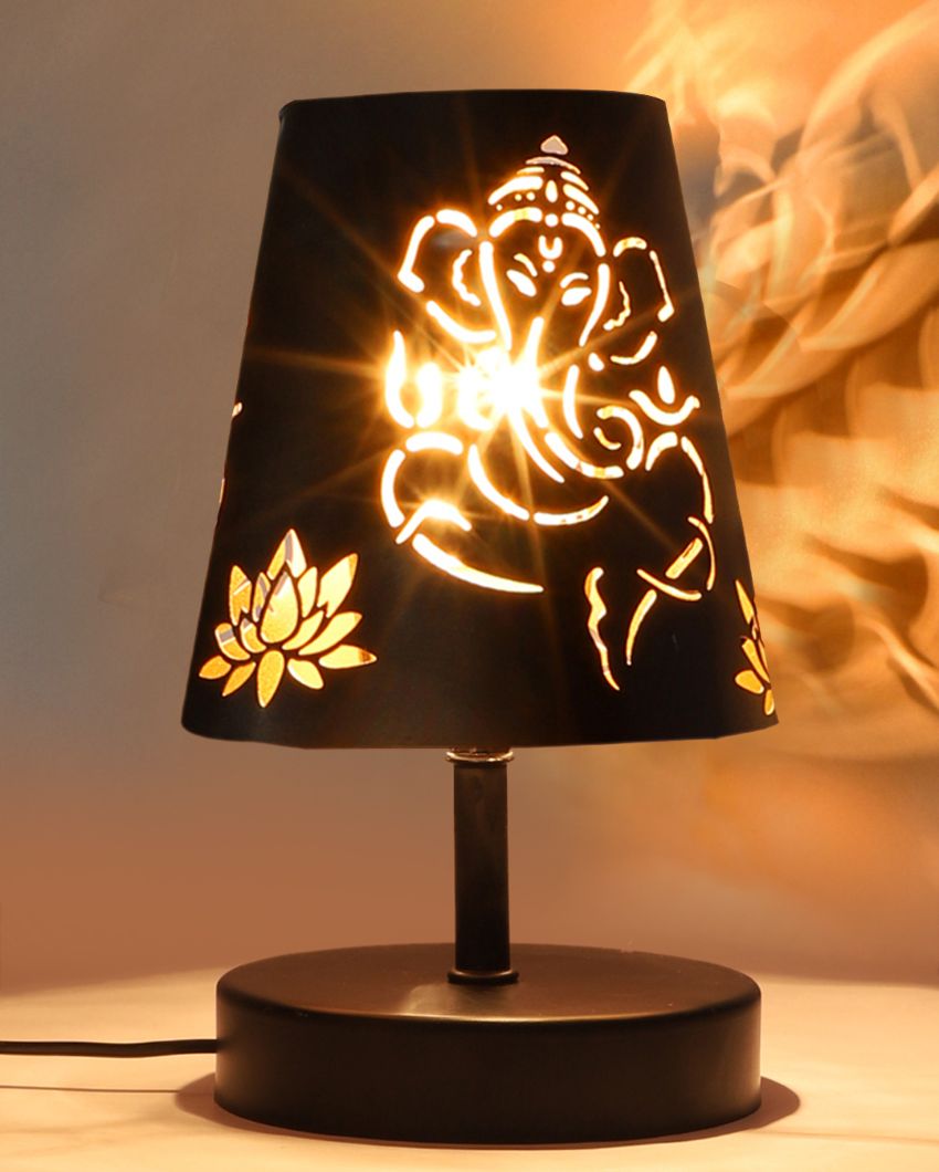 Ganesha Metal Etching Table Lamp With Black Wood Round Base