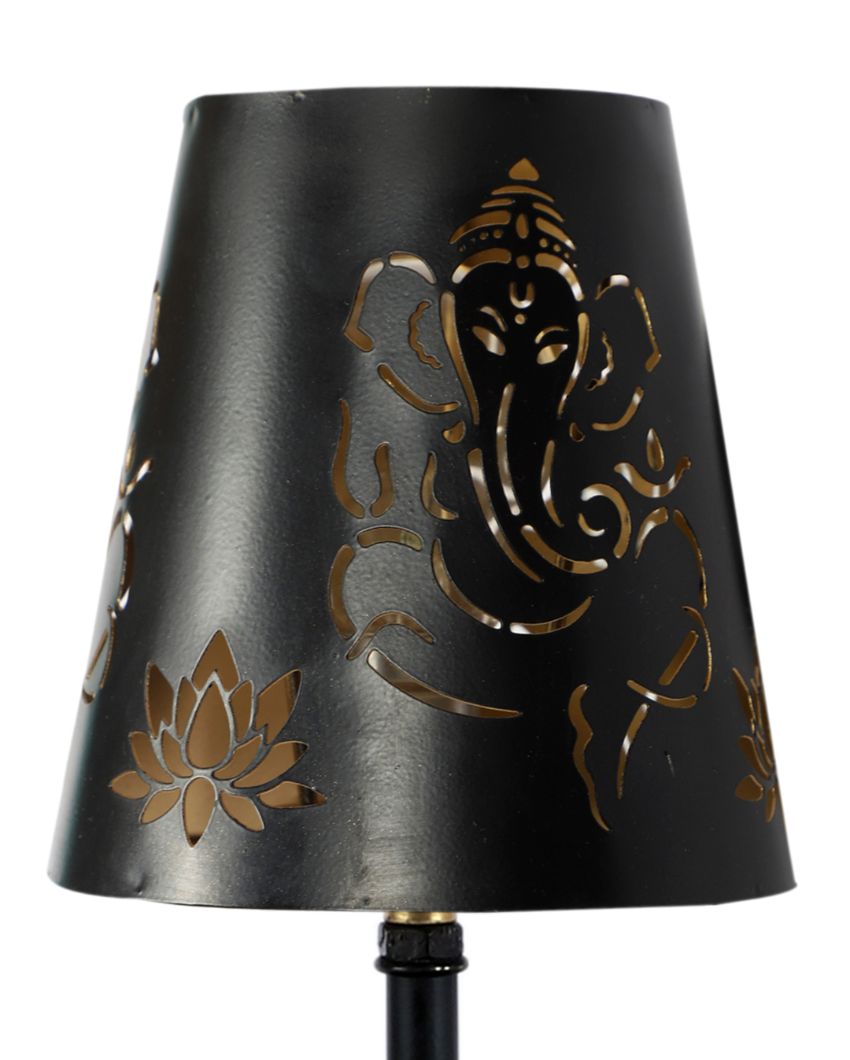 Ganesha Metal Etching Table Lamp With Black Wood Round Base