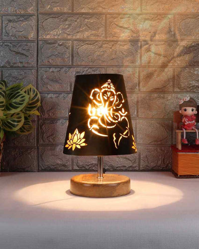 Ganesha Metal Etching Table Lamp With Natural Wood Round Base