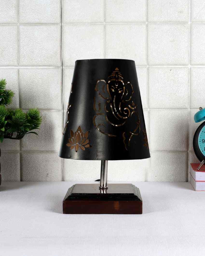 Ganesha Metal Etching Table Lamp With Brown Wood Square Base