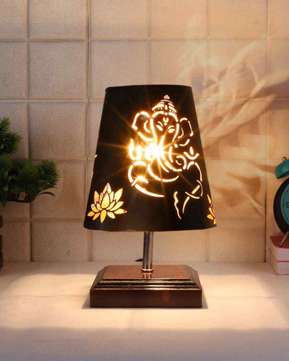 Ganesha Metal Etching Table Lamp With Brown Wood Square Base