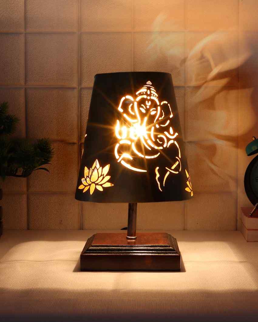 Ganesha Metal Etching Table Lamp With Brown Wood Square Base