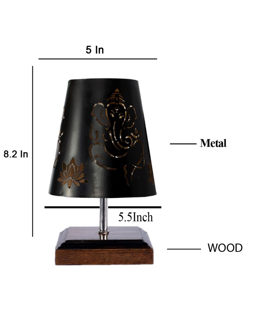 Ganesha Metal Etching Table Lamp With Brown Wood Square Base