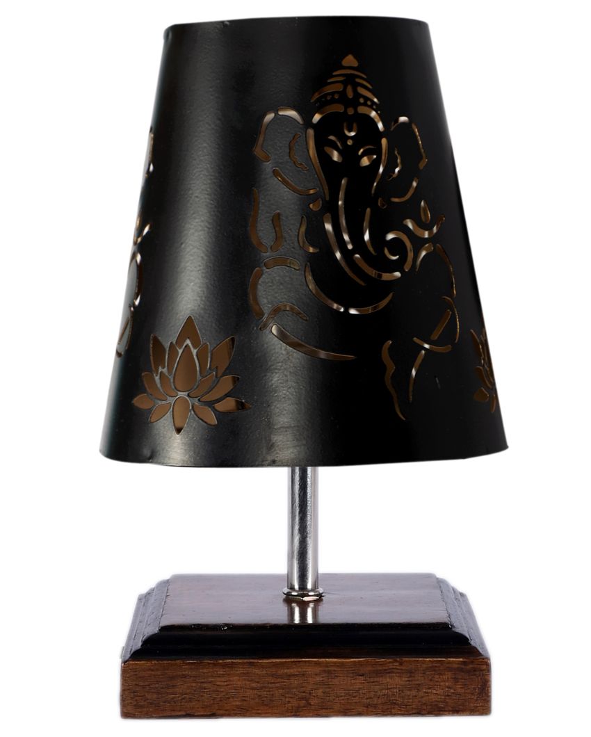 Ganesha Metal Etching Table Lamp With Brown Wood Square Base