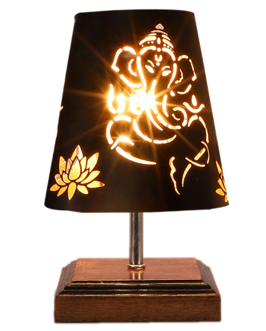 Ganesha Metal Etching Table Lamp With Brown Wood Square Base