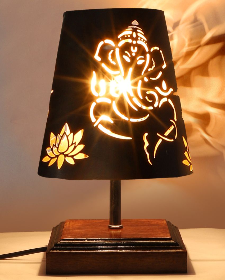 Ganesha Metal Etching Table Lamp With Brown Wood Square Base