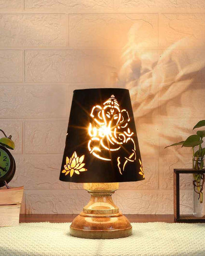 Lord Ganesha Metal Table Lamp With Natural Wood Round Base