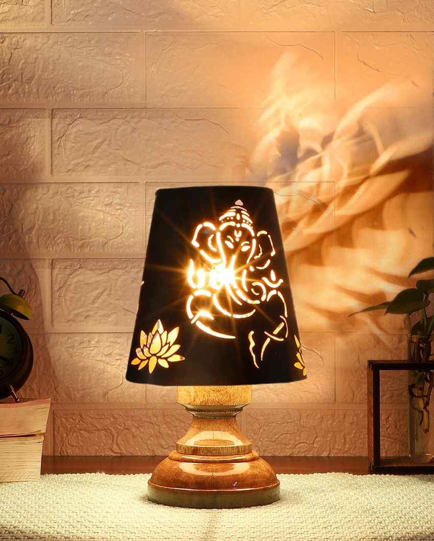 Lord Ganesha Metal Table Lamp With Natural Wood Round Base