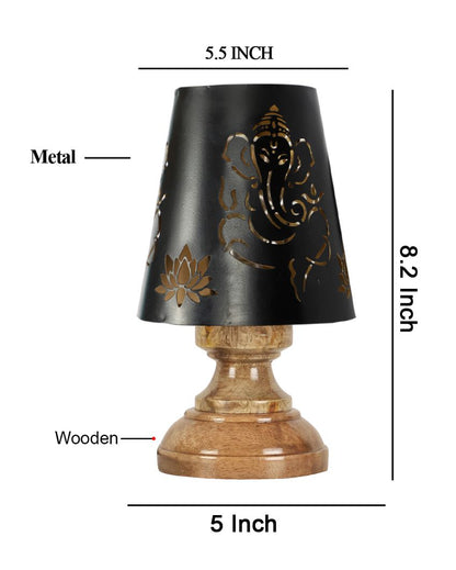 Lord Ganesha Metal Table Lamp With Natural Wood Round Base