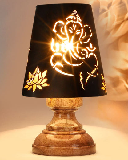 Lord Ganesha Metal Table Lamp With Natural Wood Round Base