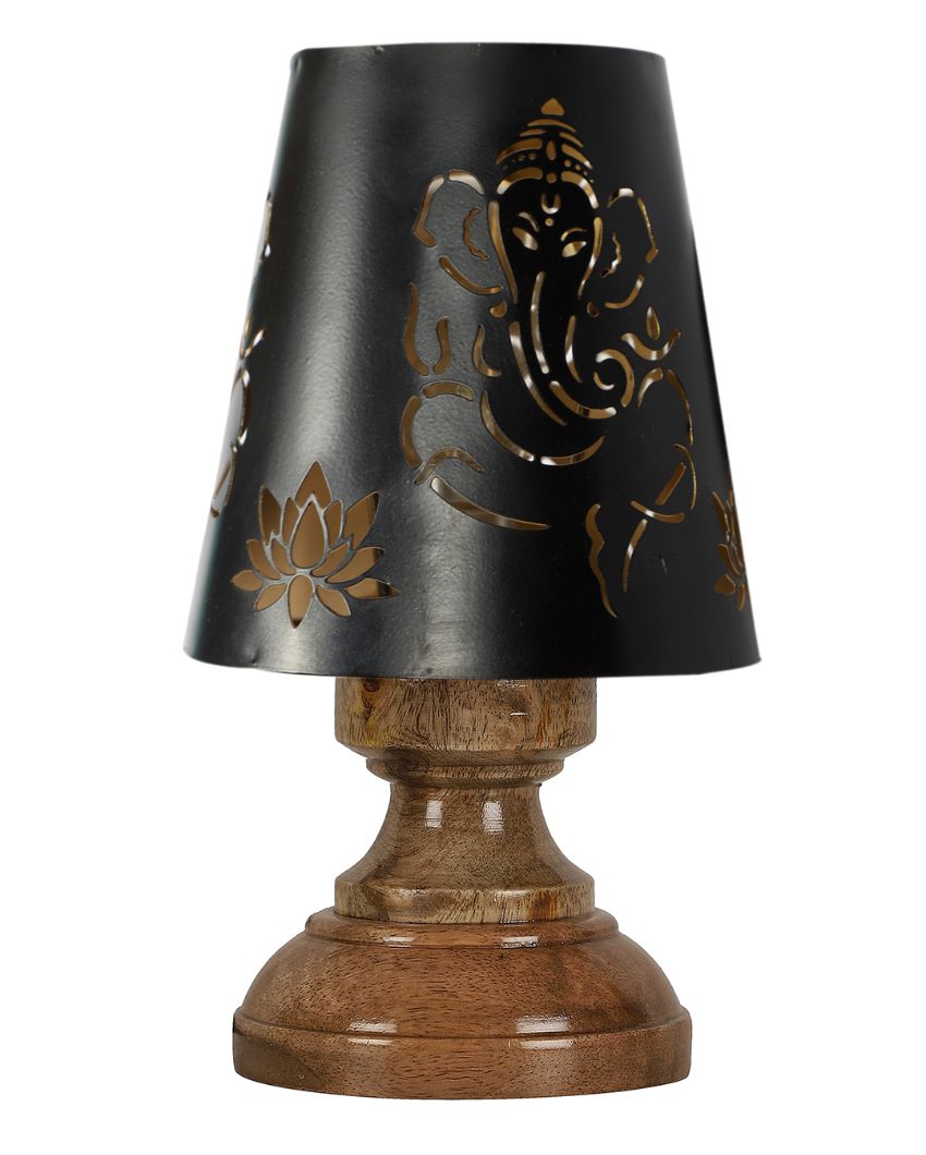 Lord Ganesha Metal Table Lamp With Natural Wood Round Base