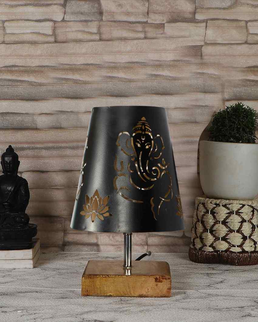 Natural Wood Square Base Lord Ganesha Metal Table Lamp