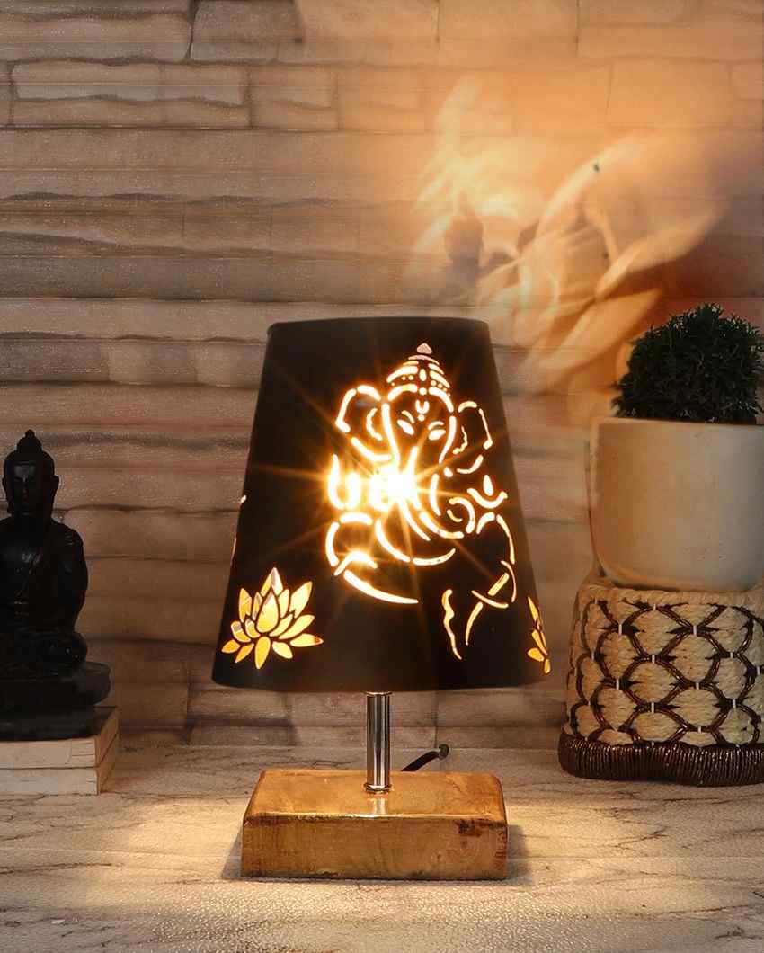 Natural Wood Square Base Lord Ganesha Metal Table Lamp