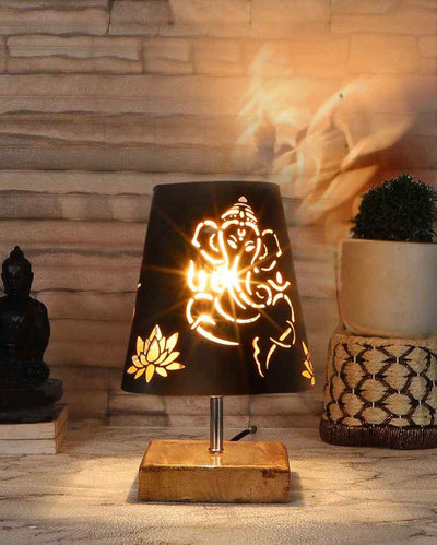 Natural Wood Square Base Lord Ganesha Metal Table Lamp