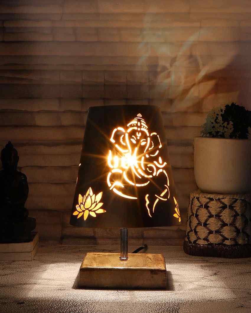 Natural Wood Square Base Lord Ganesha Metal Table Lamp