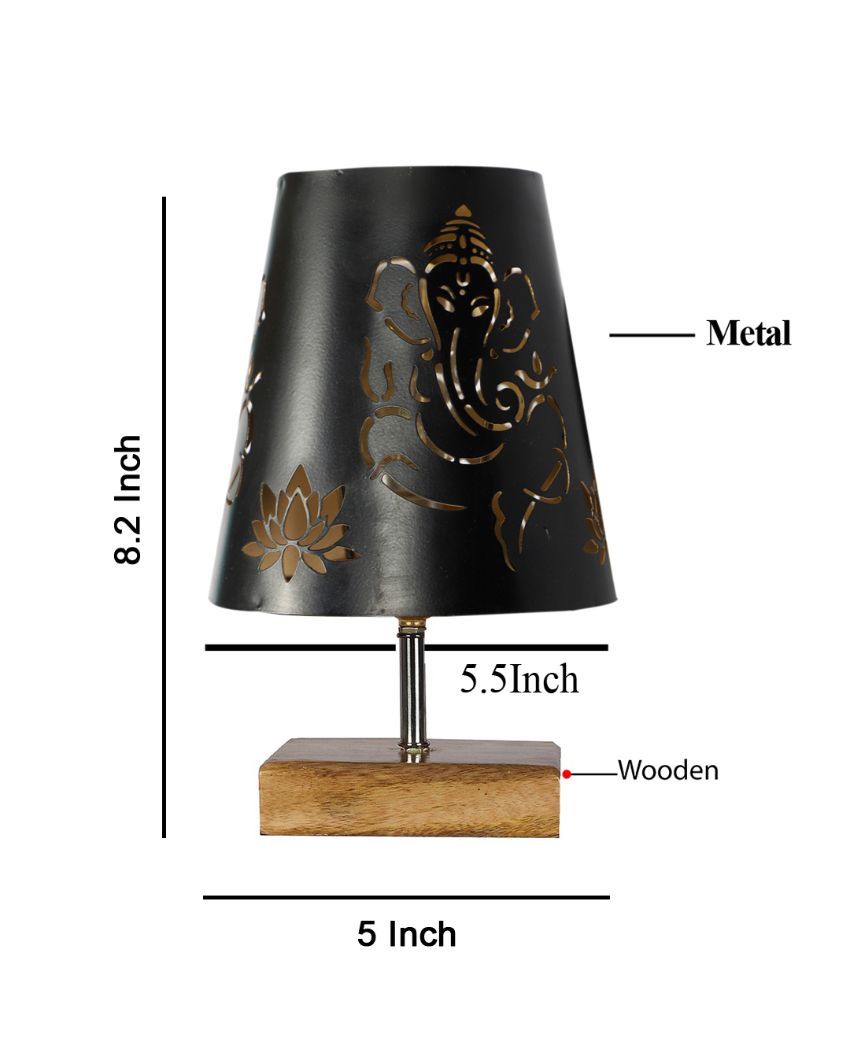 Natural Wood Square Base Lord Ganesha Metal Table Lamp