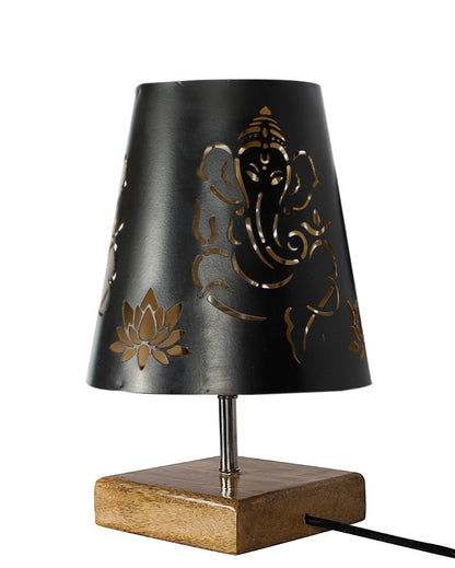 Natural Wood Square Base Lord Ganesha Metal Table Lamp