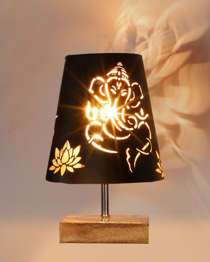 Natural Wood Square Base Lord Ganesha Metal Table Lamp