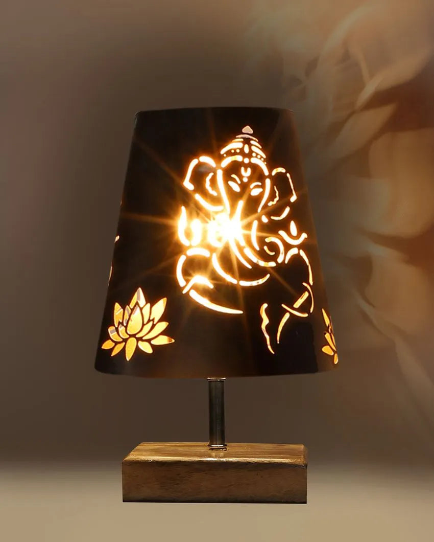 Natural Wood Square Base Lord Ganesha Metal Table Lamp