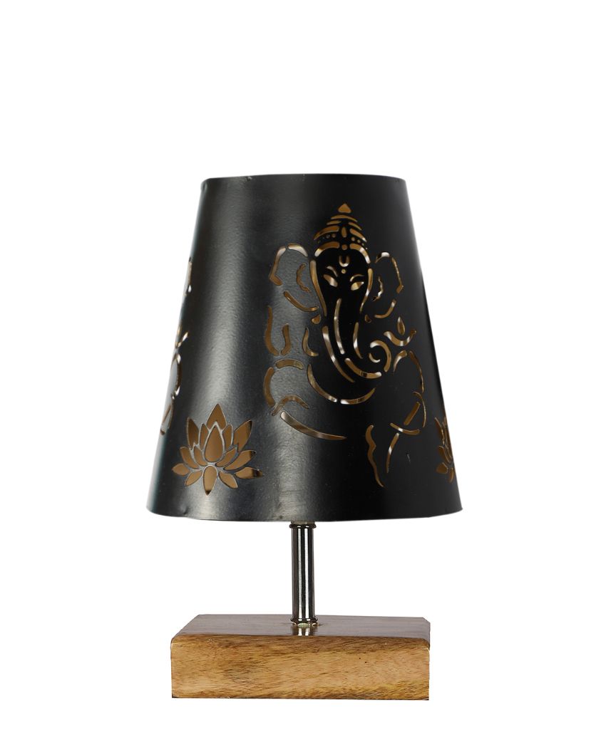 Natural Wood Square Base Lord Ganesha Metal Table Lamp