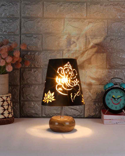 Small Natural Wood Round Base Lord Ganesha Metal Table Lamp