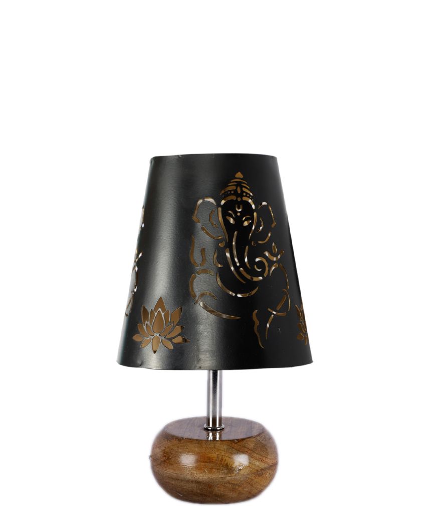 Small Natural Wood Round Base Lord Ganesha Metal Table Lamp