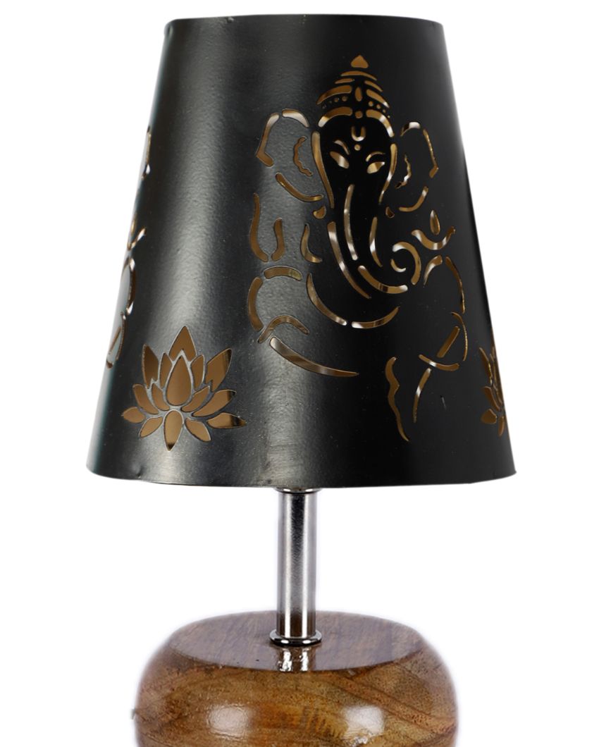 Small Natural Wood Round Base Lord Ganesha Metal Table Lamp