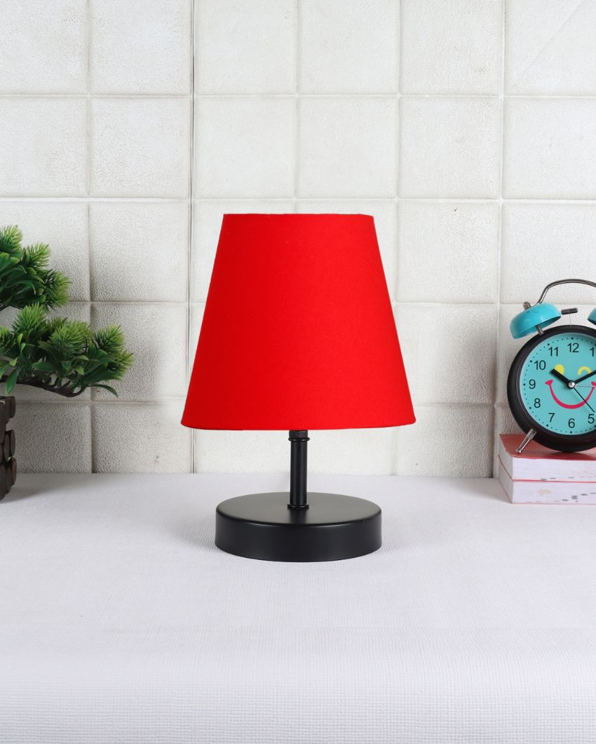 Cotton Round Wooden Black Base Table Lamp Red