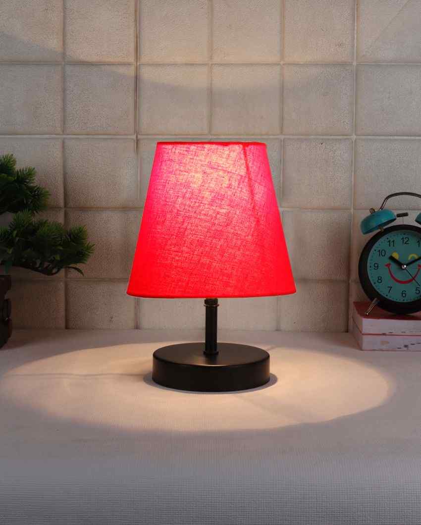 Cotton Round Wooden Black Base Table Lamp Red