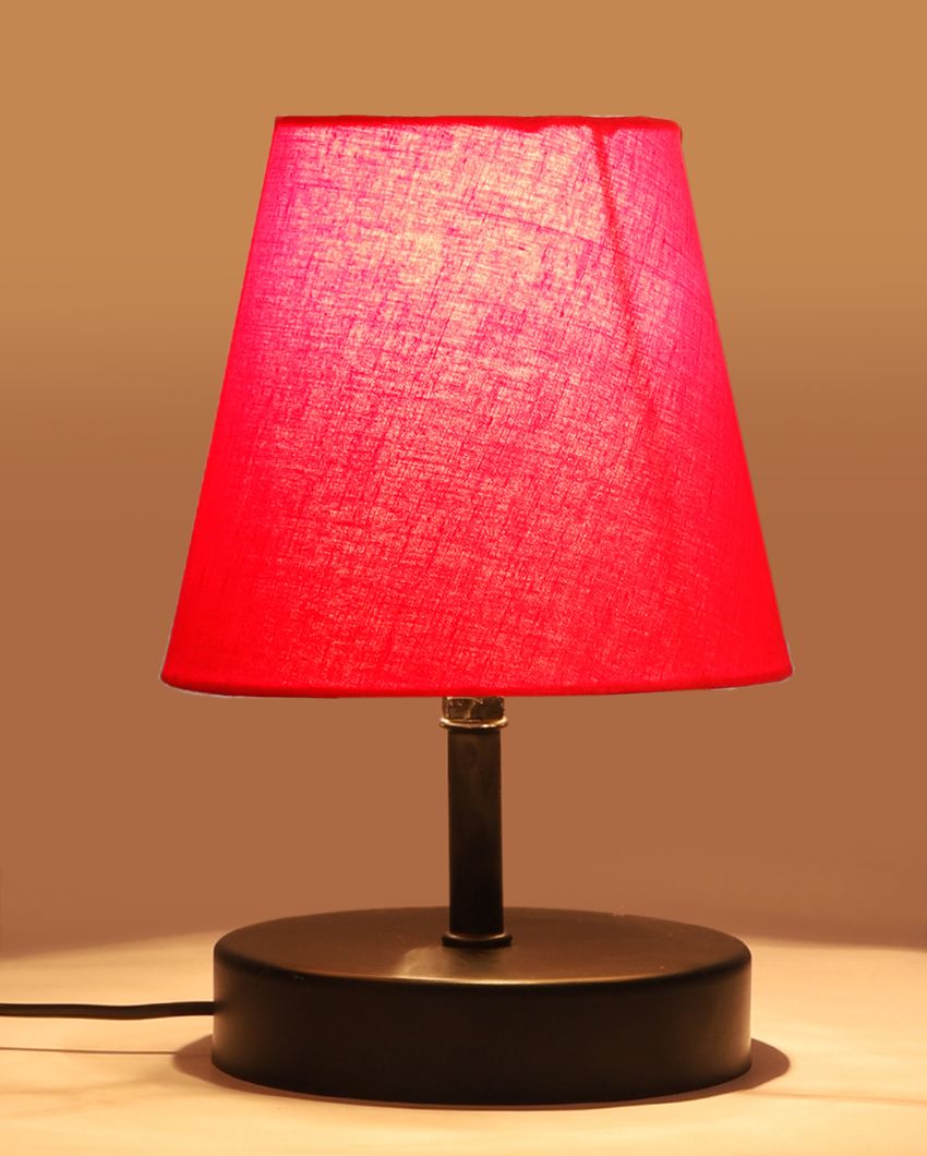 Cotton Round Wooden Black Base Table Lamp Red