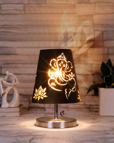 Steel Round Base Lord Ganesha Metal Etching Table Lamp