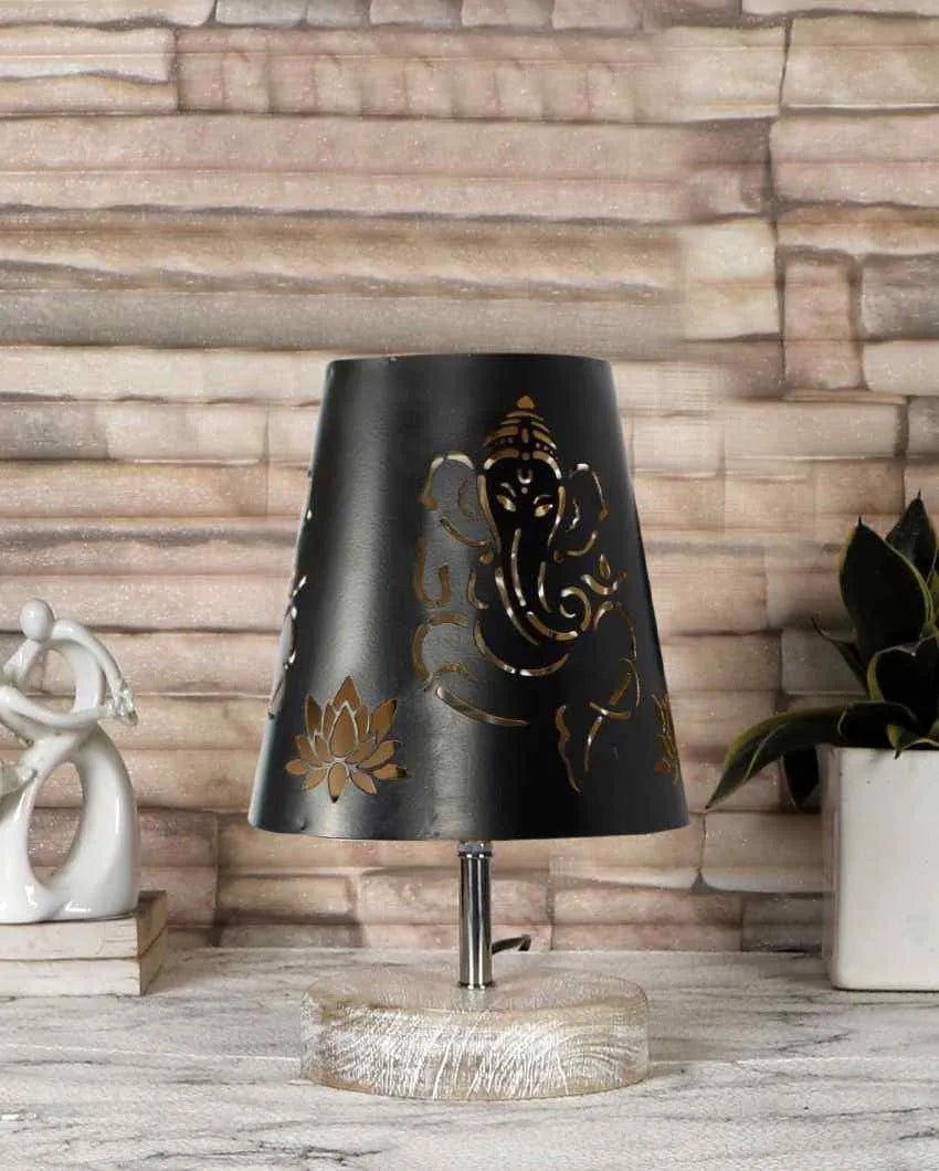 Ganesha Metal Etching Table Lamp With White Brushed Wood Round  Base