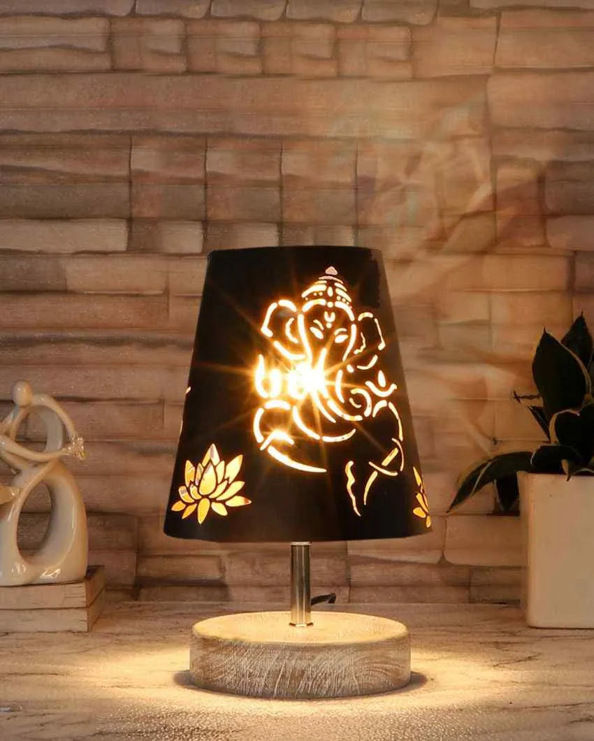 Ganesha Metal Etching Table Lamp With White Brushed Wood Round  Base