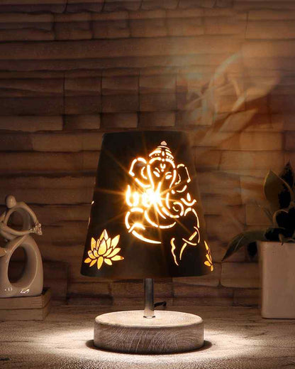 Ganesha Metal Etching Table Lamp With White Brushed Wood Round  Base