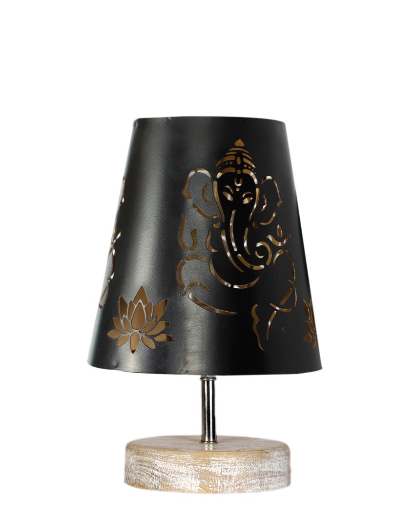 Ganesha Metal Etching Table Lamp With White Brushed Wood Round  Base