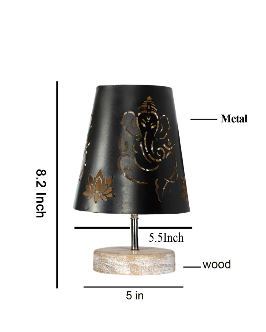 Ganesha Metal Etching Table Lamp With White Brushed Wood Round  Base