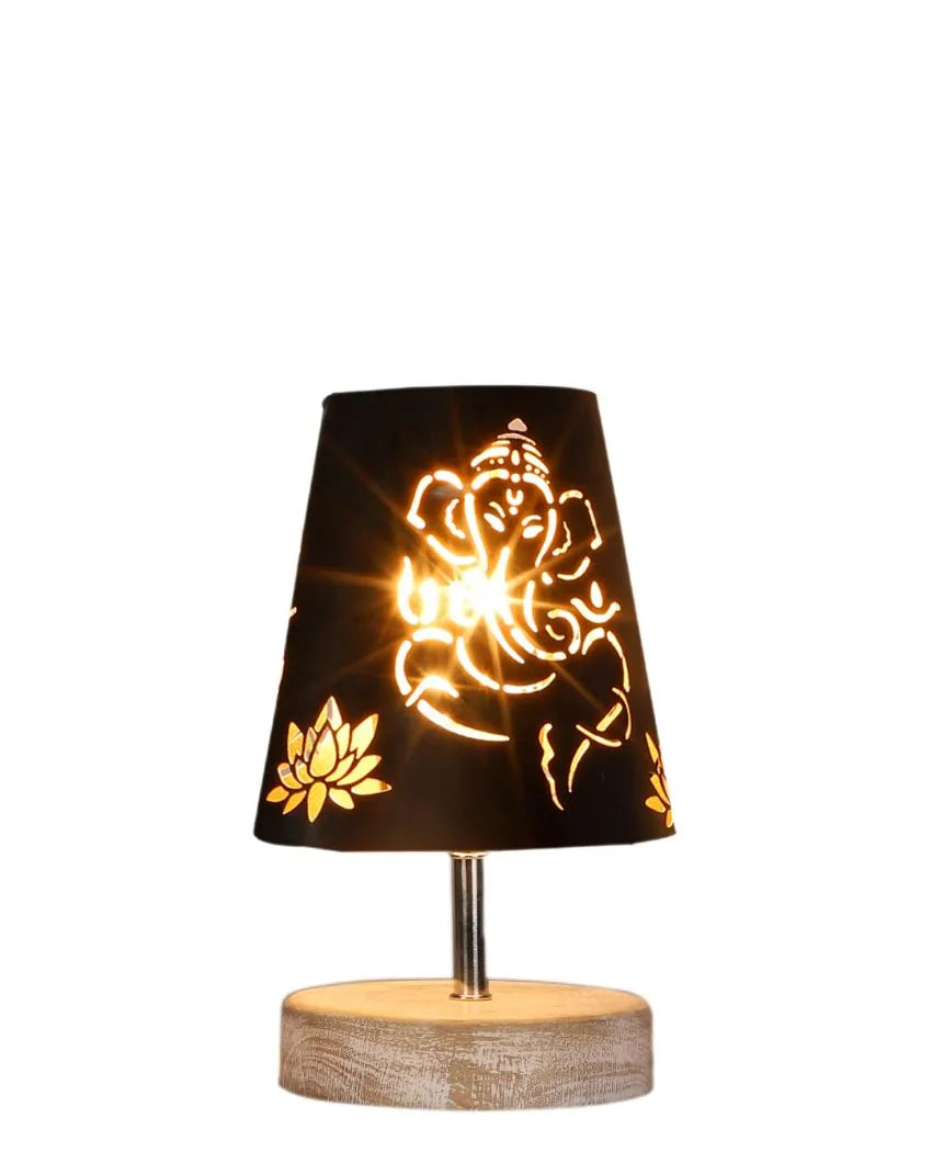 Ganesha Metal Etching Table Lamp With White Brushed Wood Round  Base