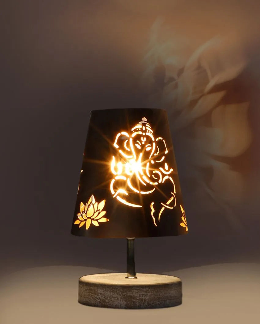 Ganesha Metal Etching Table Lamp With White Brushed Wood Round  Base