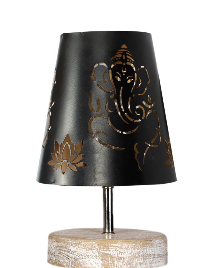 Ganesha Metal Etching Table Lamp With White Brushed Wood Round  Base