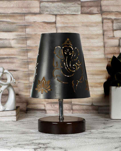 Ganesha Metal Etching Table Lamp With Brown Wood Round Base