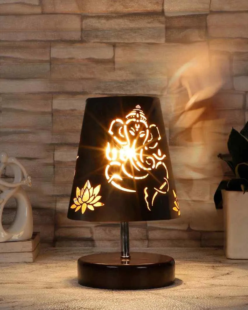 Ganesha Metal Etching Table Lamp With Brown Wood Round Base