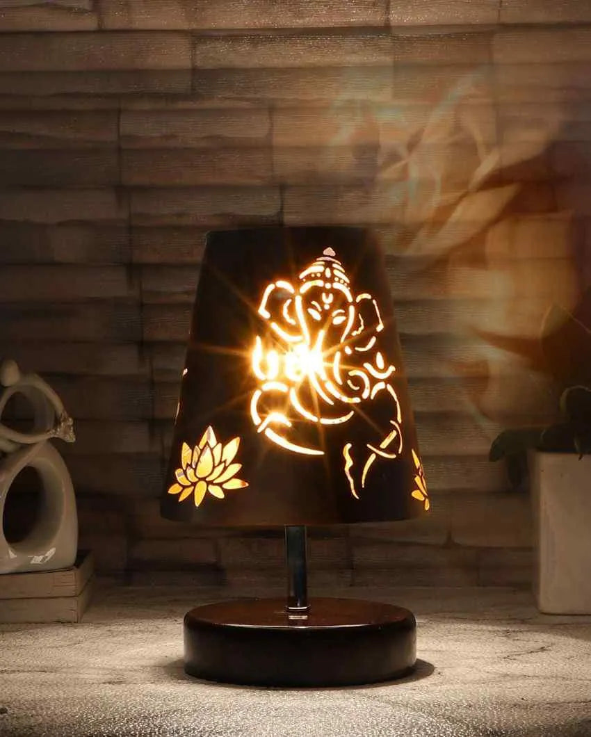 Ganesha Metal Etching Table Lamp With Brown Wood Round Base