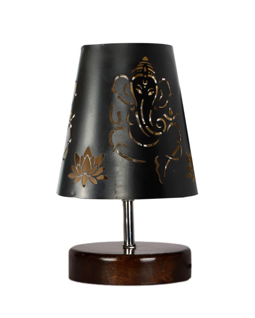 Ganesha Metal Etching Table Lamp With Brown Wood Round Base