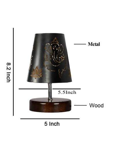 Ganesha Metal Etching Table Lamp With Brown Wood Round Base