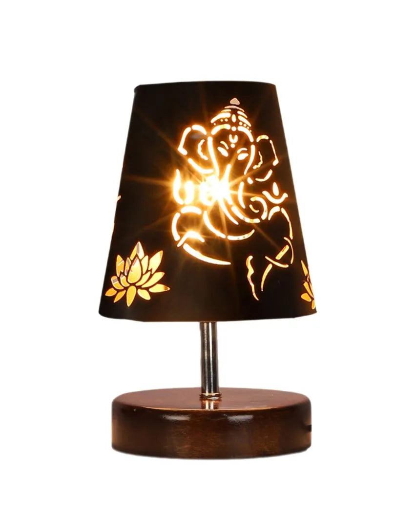 Ganesha Metal Etching Table Lamp With Brown Wood Round Base