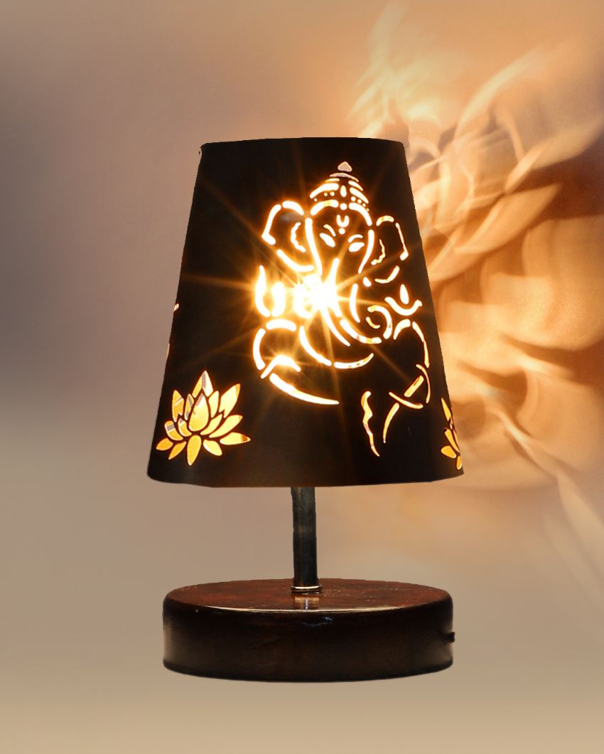 Ganesha Metal Etching Table Lamp With Brown Wood Round Base