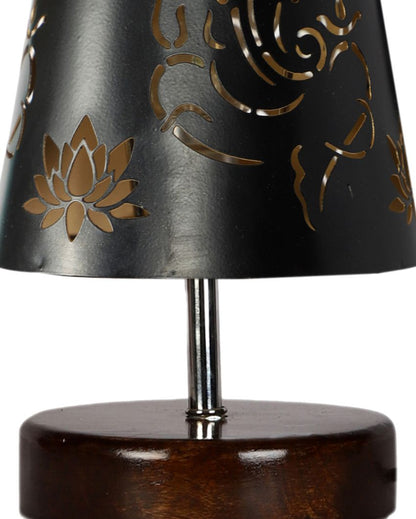 Ganesha Metal Etching Table Lamp With Brown Wood Round Base