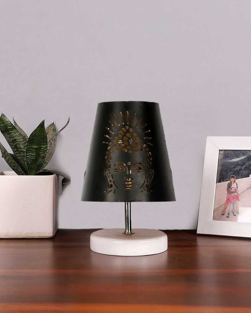 Buddha Ji Metal Etching Table Lamp With White Wood Round Base