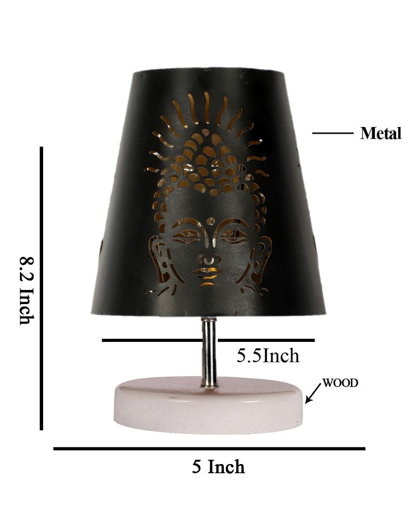 Buddha Ji Metal Etching Table Lamp With White Wood Round Base